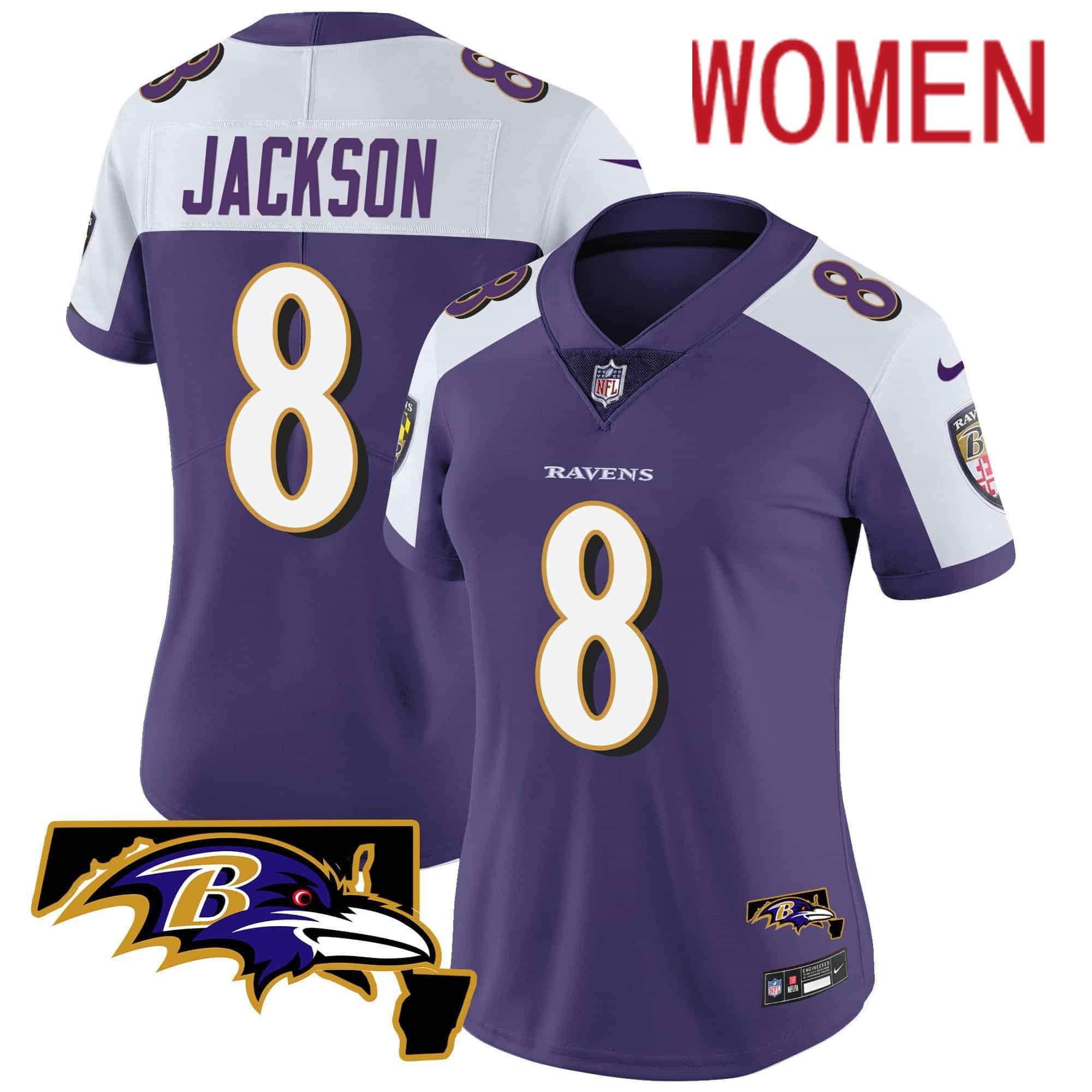 Women Baltimore Ravens #8 Jackson Purple 2024 Nike Maryland Patch Vapor Limited NFL Jersey->women nfl jersey->Women Jersey